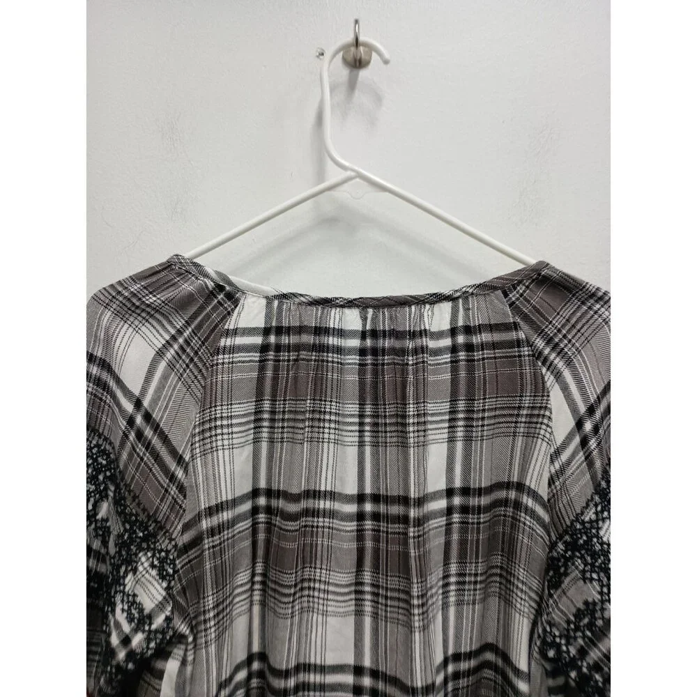 Vintage Emroidered Plaid Peasant Top - Black & White with Orange Accents